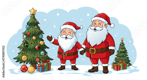 Two jolly Santas in Santa suits stand by decorated Christmas trees with gift boxes and snow, celebrating the festive holiday season joyfully and merrily