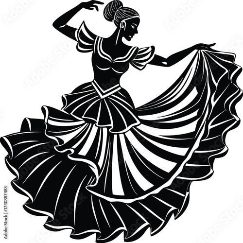 Elegant flamenco dancer in a flowing dress performing a dynamic pose silhouette