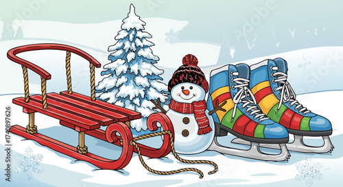 Winter wonderland scene with a bright red sled, a cheerful snowman with a striped hat, and colorful ice skates ready for fun in the snow