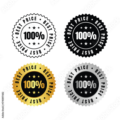 100 percent  four stickers displaying best price with a value and stars in black gold and silver tones