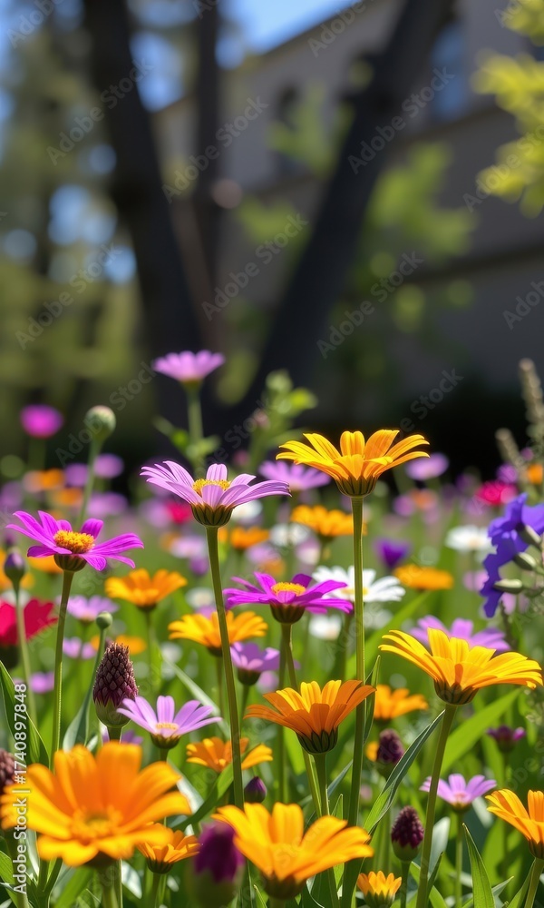 Obraz premium Vibrant wildflowers bloom in a sun-drenched spring meadow, colorful blossoms swaying gently in the breeze, creating a breathtaking natural scene, beauty, sunshine, bloom