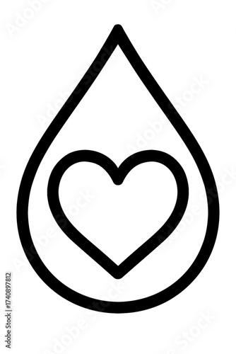 Black outline icon: stylized teardrop enclosing a heart. Symbolizes blood donation, vital health, compassionate care, life support, humanitarianism. Ideal for medical, wellness, charity, nonprofit des