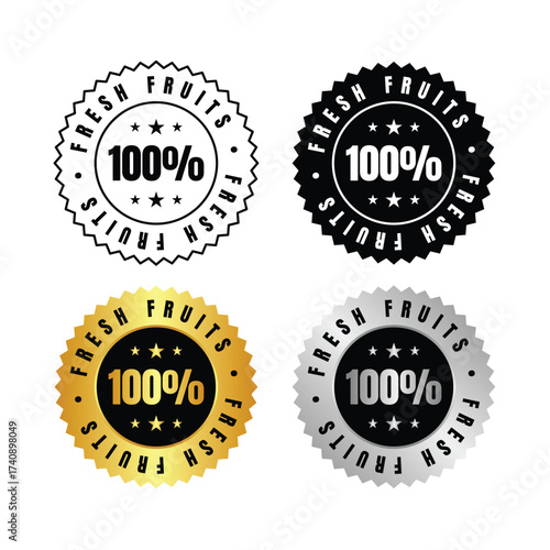 100 percent  four fresh fruits labels in black, gold, silver and outline design with a round shape and stars inside