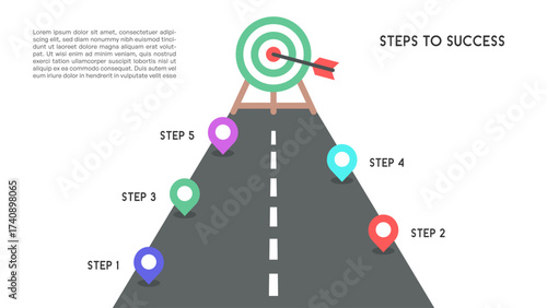 Road to Success Infographic with Five Step Milestones and Arrow Goal