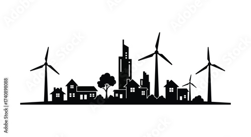 Vector illustration of silhouette of a sustainable city with wind turbines and houses, , showcasing renewable energy and ecofriendly urban development