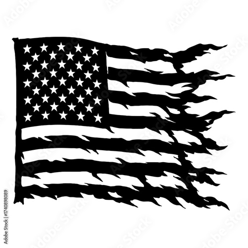 Distressed American Flag Silhouette: A bold black and white graphic, tattered and ripped with grunge style, symbolizing enduring freedom and resilience. Perfect for patriotic decals, shirts, and digit