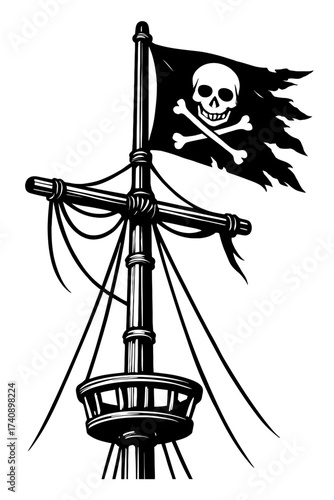 Striking black and white vector illustration of a tattered Jolly Roger pirate flag with skull and crossbones, flying from a ship's mast. Features rigging and a crow's nest. Evokes high seas adventure,