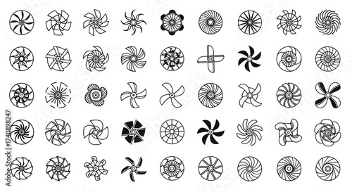 Vector illustration of collection of various propeller and fan icons, , representing different designs and applications of rotating blades