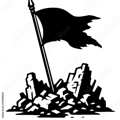 A stark black and white vector illustration depicting a tattered, wind-blown black flag firmly planted atop a rugged pile of dark rocks and jagged rubble, symbolizing rebellion, victory, conquest, or