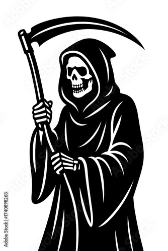 Stark, high-contrast black and white illustration of the Grim Reaper, the iconic personification of Death. This ominous hooded figure with a skeletal face and bony hands firmly grips a long, menacing