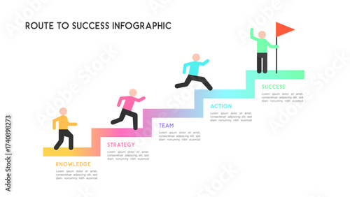 Route to Success Infographic with Human Figures Climbing Colorful Stair Path to Flag
