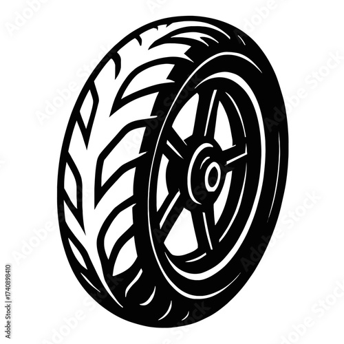 Dynamic Black and White Vector Illustration of a High-Performance Motorcycle Tire and Wheel, Featuring a Detailed Tread Pattern and Sleek Rim Design, Perfect for Automotive, Speed, and Transport Graph