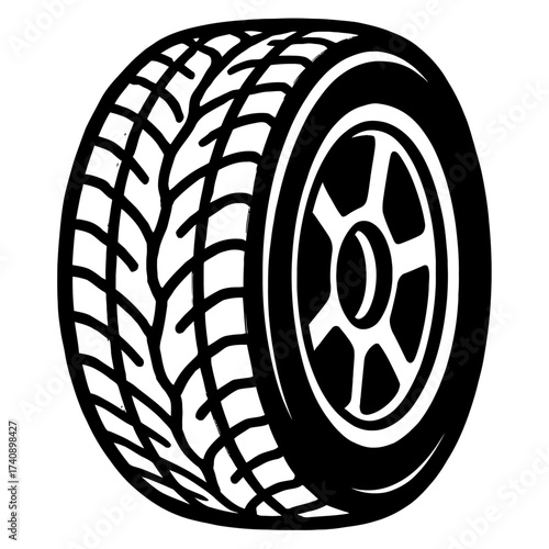 Premium black and white vector illustration depicting a contemporary automotive car tire, showcasing a detailed multi-spoke alloy wheel rim, ideal for vehicle service graphics, auto repair shop logos,