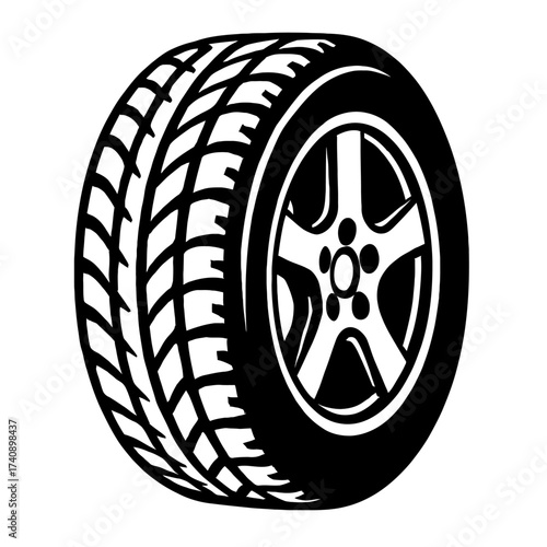 Dynamic black vector illustration of a modern car tire with a five-spoke alloy wheel and detailed tread pattern. Perfect automotive graphic for vehicle maintenance, repair, transport, and driving safe