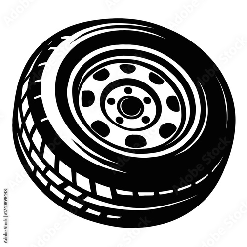 Monochrome vector image of a car tire on a steel rim, detailing tread and hub bolts. Excellent for auto repair, service, transport, mechanic, auto parts, tire sales, road safety, and vehicle graphics.