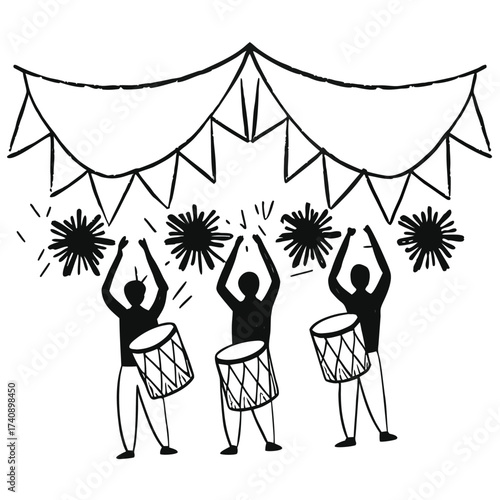 Three drummers playing music with fireworks and festive bunting overhead silhouette