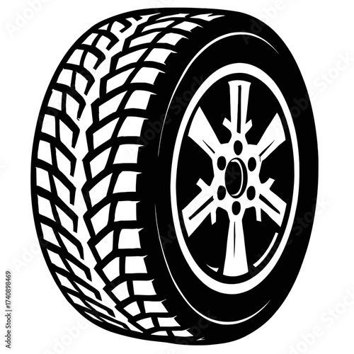 Vector illustration of a car tire with an alloy wheel and aggressive tread pattern, presented in striking black and white. Ideal for automotive designs, vehicle repair, and transportation themes for a