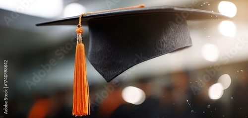 The Graduation Cap with Orange Tassel Floating Over Blurred Commencement Background