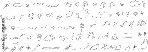 Collection of small whimsical hand drawn line art doodles of people and objects on a white background