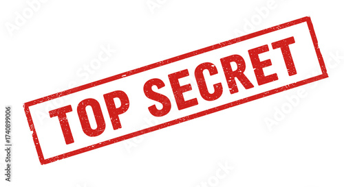 Red 'top secret' stamp graphic with a rectangular border and tilted orientation for classified information concepts isolated on white background