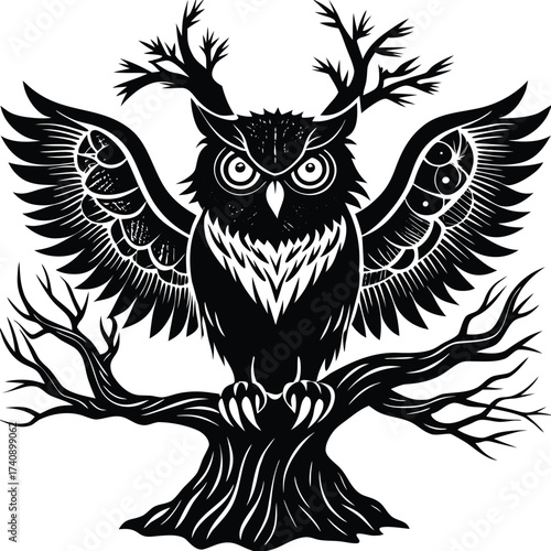Mystical owl with antlers perched on a gnarled tree branch silhouette