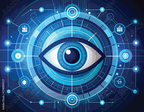 Automated vector creation tools interface eye icon Futuristic data visualization, AI vision, digital security, technology monitoring systems, cyber protection