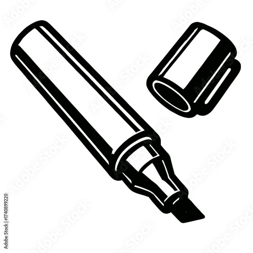 Monochrome vector illustration of an open marker pen with a bold black outline and detached cap, showcasing its felt tip, perfect for office, school, art, or design projects as a versatile stationery
