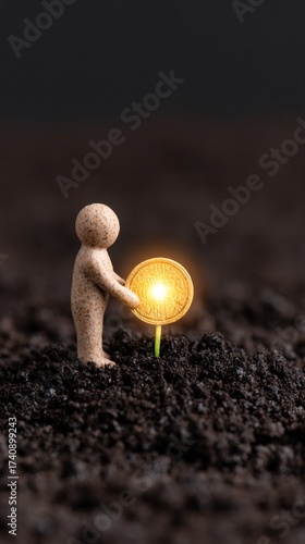 Creative conceptual artwork - Miniature Figure Planting a Glowing Coin Symbolizing Financial Growth - modern digital design
