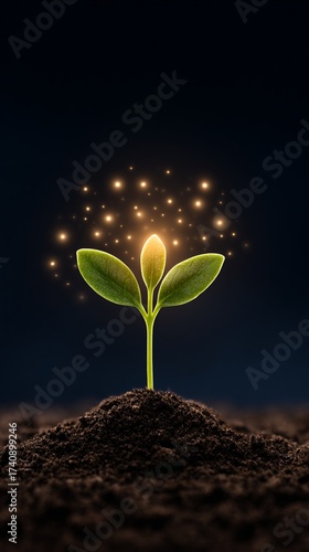 Creative conceptual artwork - Magical Growing Plant Sprout with Glowing Aura on Dark Background - modern digital design