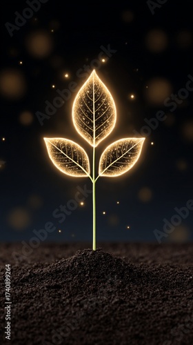 Dreamscape surreal illustration - Glowing Plant Sprouting in Dark Soil Against Night Sky - nighttime imagination concept