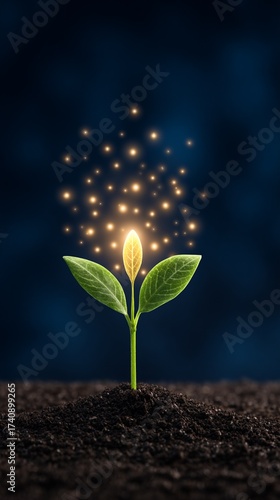 Creative conceptual artwork - Glowing Seedling Emerging from Soil with Magic Light Particles - modern digital design