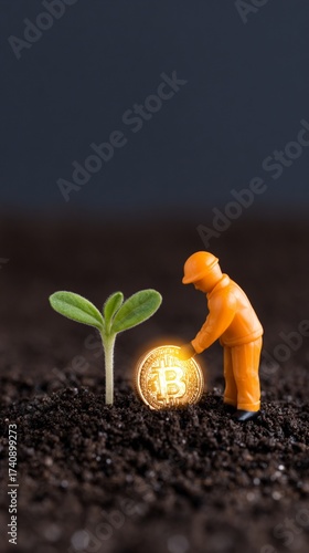 Creative conceptual artwork - Miniature Worker Planting a Bitcoin in Soil Next to a Seedling - modern digital design