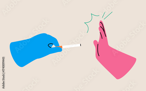 Hand refusing to smoke making prohibition gesture near hand. Quit smoking concept. Colorful vector illustration