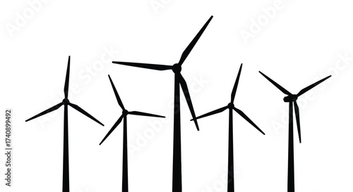 Vector illustration of silhouette of wind turbines, showcasing renewable energy sources in a vector format, ideal for sustainable power generation
