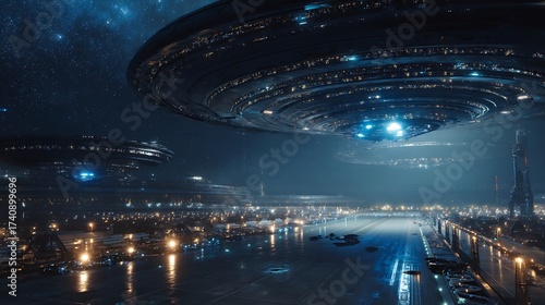 Futuristic Cityscape with Flying Saucers Hovering Above an Urban Area Lit by Streaks and Puddles