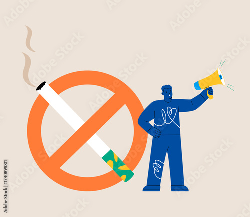 Man refusing cigarette or quitting smoking. No smoking campaign concept. Colorful vector illustration