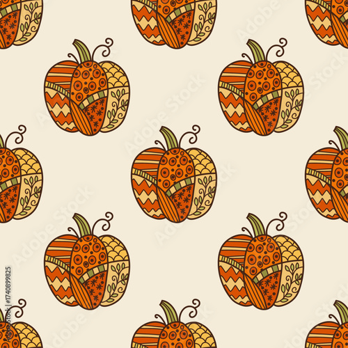 Seamless patchwork pumpkin vector pattern in orange and green tones