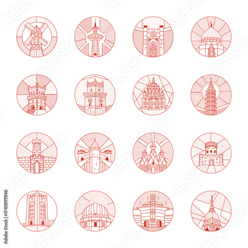 Set of Ancient Landmark Line Style Illustrations 

