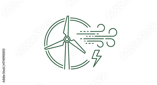 Vector illustration of minimalist icon of wind turbine generating electricity, symbolizing renewable energy and sustainable power, with wind and lightning