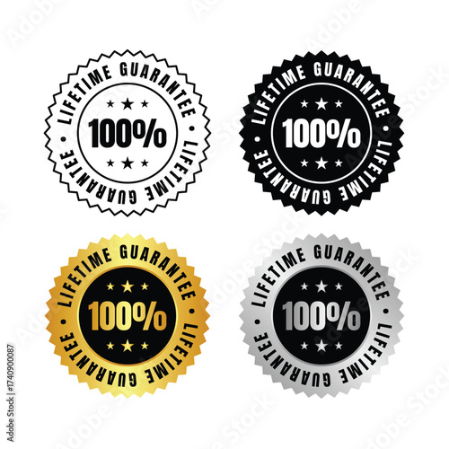 100 percent  four guarantee seals with lifetime guarantee and a hundred symbol in different color styles
