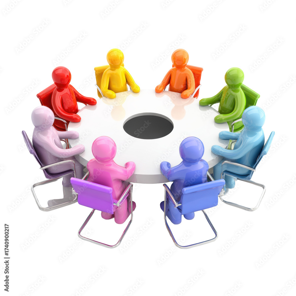 Obraz premium Diverse team meeting around circular table on white background