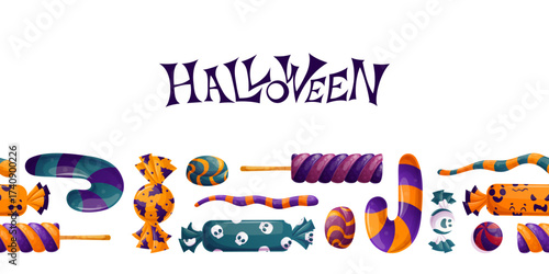 Seamless border with Halloween sweets. Candies, lollipops, marshmallows, caramel sticks. "Trick or treat." Vector illustration for postcards, posters, banners, websites