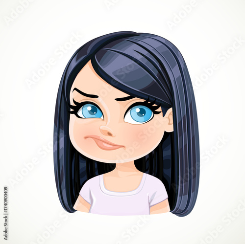 Beautiful doubt cartoon brunette girl portrait isolated on white background