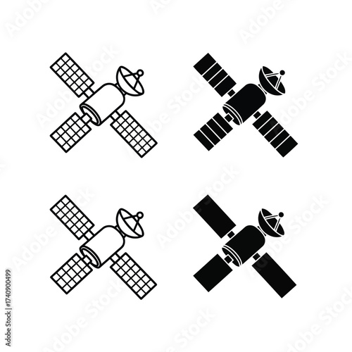 Vector illustration of collection of four satellite icons, two in black and two in white, , perfect for space, technology, and communication themes
