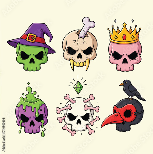 Collection of six unique and stylized skull illustrations with various accessories and themes each isolated on white background