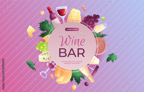 A banner design template for a wine bar. Wine glass, bottle, grapes, corkscrew, cheese, wooden barrel. The concept of wineries, restaurants. Vector format illustration for banner, advertisement
