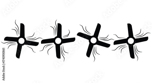 Vector illustration of illustration of four abstract fans, representing ventilation, cooling, or technology, in a minimalist style, perfect for icons and designs