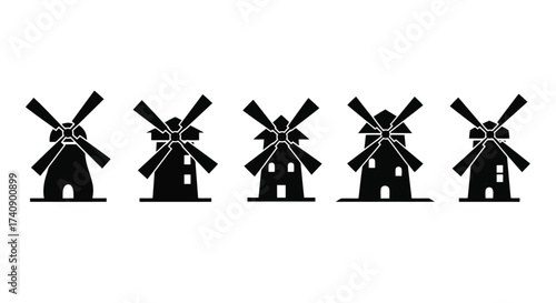 Vector illustration of illustration of five windmills, representing renewable energy, agriculture, or dutch heritage, in a minimalist style, perfect for icons and designs