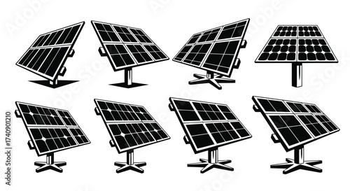 Vector illustration of collection of solar panel icons showcasing renewable energy, sustainability, and ecofriendly power generation for a greener future
