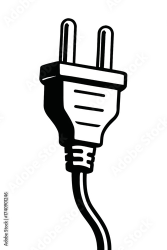 Black and white vector line art of a two-pin electrical power plug, Type F or C Europlug. Essential graphic for AC power and electronic devices. Ideal for technical diagrams, energy icons, and digital